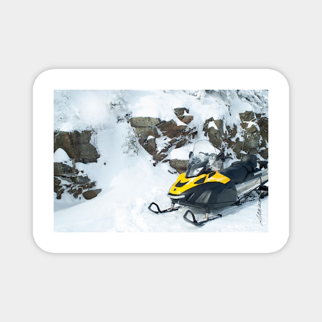Yellow Snowmobile on Killington Summit Magnet by srwdesign