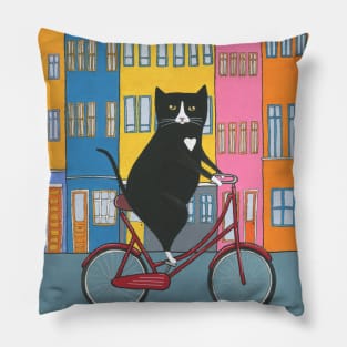 Tuxedo Cat Copenhagen Bicycle Ride Pillow