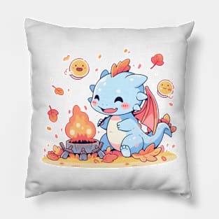 Happy Blue Dragon with an Autumn Campfire Pillow