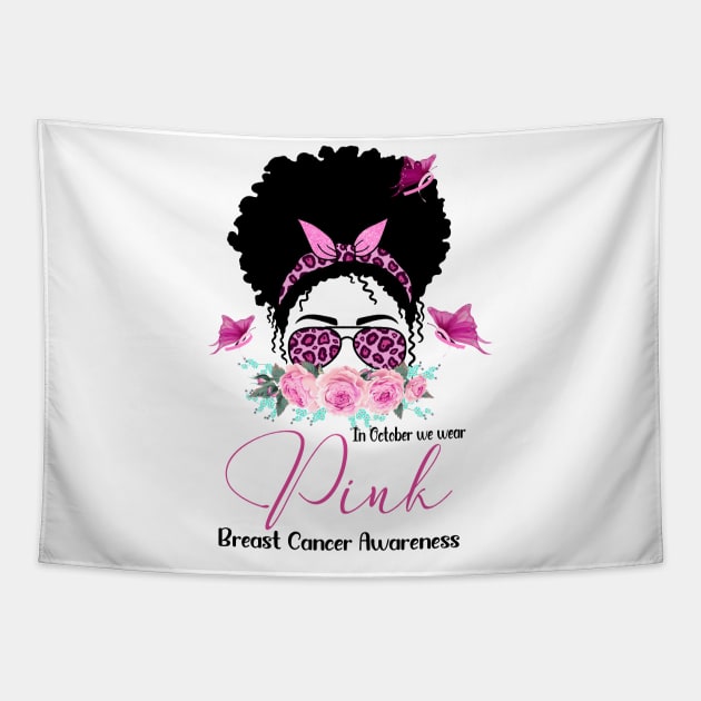 Pink Ribbon Breast Cancer Awareness Messy Bun Black Women Tapestry by Gendon Design