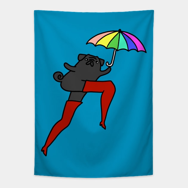 Long Leggy Black Pug with Umbrella Tapestry by saradaboru