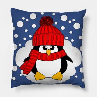 Christmas Penguin with Red Hat and Scarf Pillow