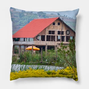 Wooden Building on Lake Bunyonyi, Uganda Pillow