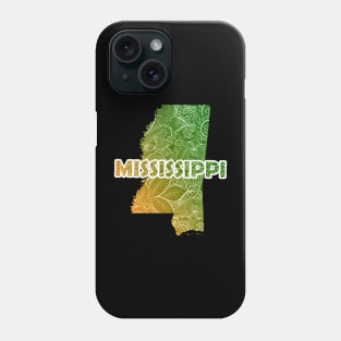 Colorful mandala art map of Mississippi with text in green and orange Phone Case