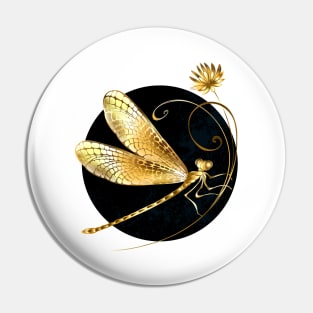 Golden dragonfly in black circle Pin