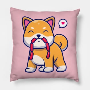 Cute Shiba Inu Eating Sausage Cartoon Pillow