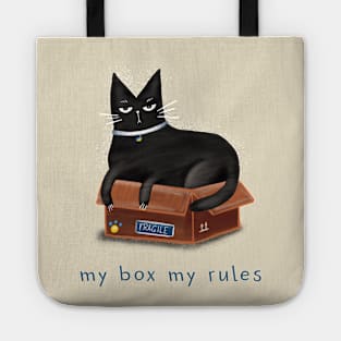 Cartoon black cat in a box and the inscription "My box - my rules". Tote