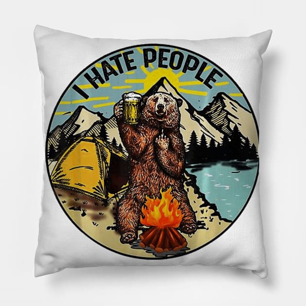 Bear Camping I Hate People Pillow by Walkowiakvandersteen