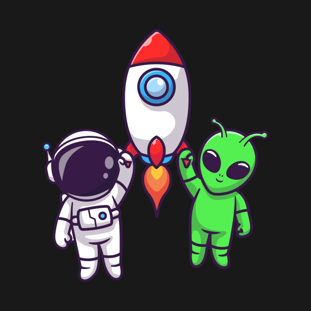 Cute Astronaut And Alien Flying With Rocket In Space Cartoon by Catalyst Labs