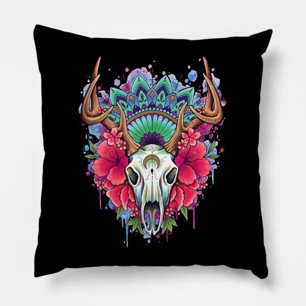 Stag Skull Floral Design by Lorna Laine Pillow by Lorna Laine