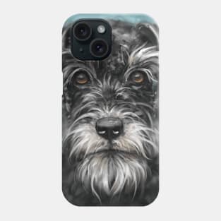 Painting of a Black and White Schnauzer on Blue Background Phone Case