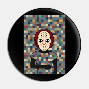 Kain - Pixelated Female Character with Dark Eyes and Gray Pixel Accent Pin