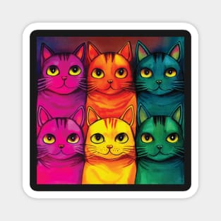 Multicoloured Cats Print in Bold Pink, Orange, Yellow, Green and Blue Magnet