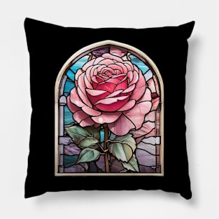 Pink Rose Stained Glass Window (758) Pillow