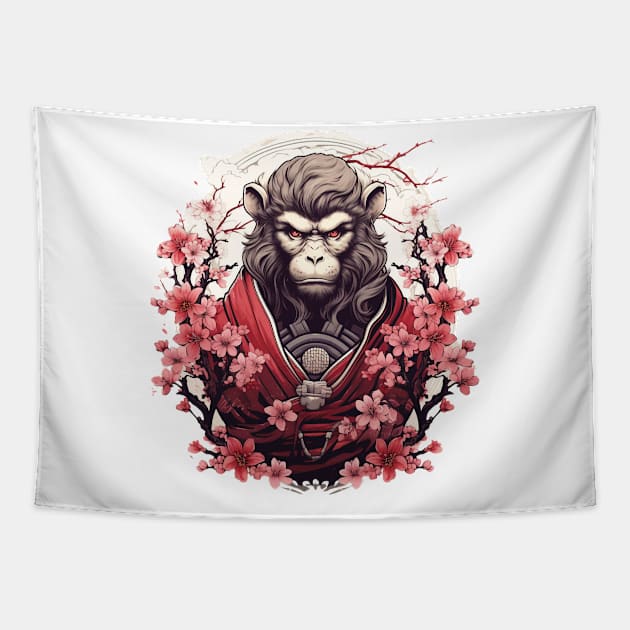 Monkey Samurai General in Red Sakura Tapestry by AmpleMaple