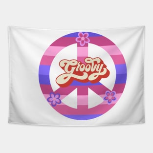 Groovy Pink Peace Sign - Vintage Love White Tapestry