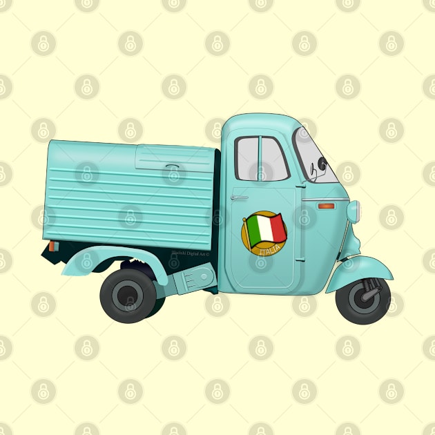 Vintage Cyan Italian Motorized Rikshaw with Italian Flag Sticker on the Door by ibadishi