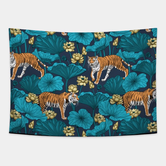 Tigers in the yellow lotus pond Tapestry by katerinamk