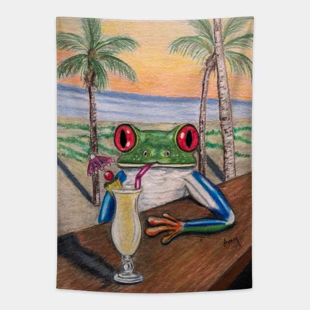 "Piña Colada Frog" - Frogs After Five collection Tapestry by GardenPartyArt