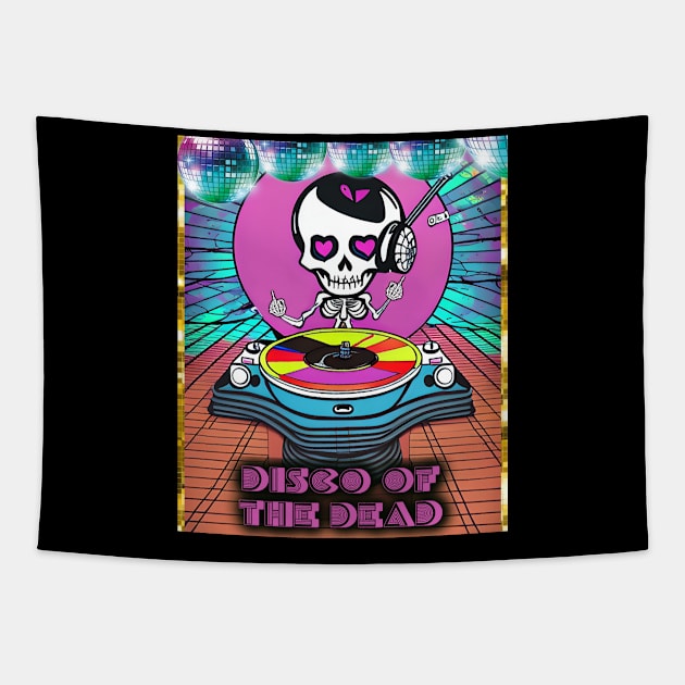 Disco of the Dead Musical DJ Retro Pink Skeleton Girl with Disco Balls Tapestry by Dezinesbyem Designs