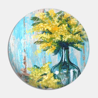 impressionist rustic turquoise still life painting flowers yellow mimosa Pin