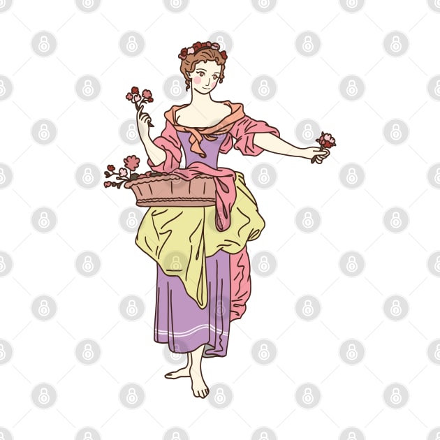 Cute and colorful drawing of an 18th century flower girl by MariOyama