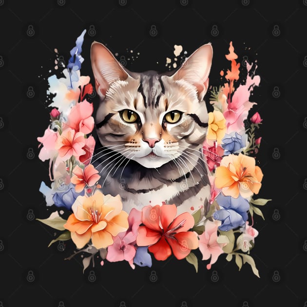 An american shorthair cat decorated with beautiful watercolor flowers by CreativeSparkzz