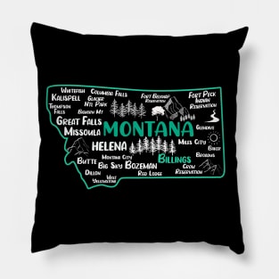 Cute map of Billings Montana, Helena, Missoula, Great Falls, Butte, Bozemian, Kalispell, Big Sky Pillow