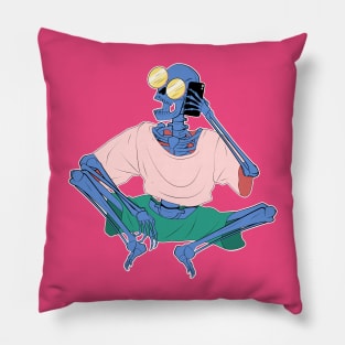 Blue Female Skeleton Using Smartphone Pillow