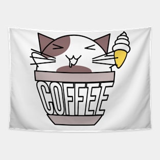 Cat in coffee cup with warped text holding ice cream white and brown Tapestry