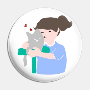 Girl hugs and kisses a cat Pin