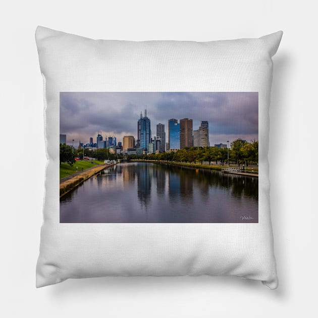 Melbourne from the Swan Street Bridge, Melbourne, Victoria, Australia. Pillow by VickiWalsh