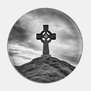 Ancient Celtic Cross on a Burial Mound hill on a hill beneath a stormy, angry sky Pin