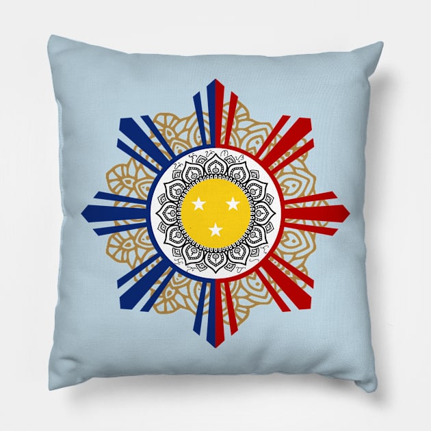 Philippine Sun / Baybayin word Pilipinas kung Mahal (I Love Philippines) Pillow by Pirma Pinas