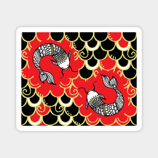 Persevere /Red-Black  Chinoiserie Carp / Koi Fish Magnet