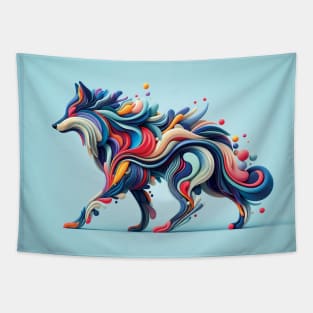 a wolf, minimalistic colorful organic forms, energy, assembled, layered, depth, alive vibrant, 3D, abstract, on a light blue background Tapestry