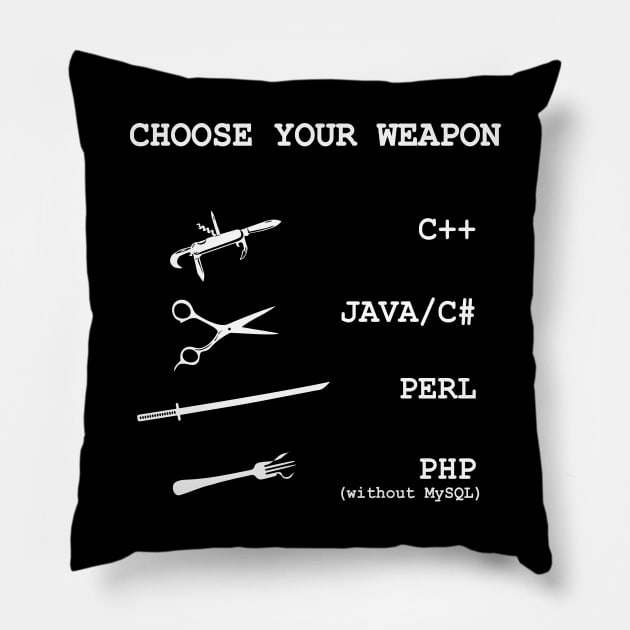 Perl, Java, C Sharp, Php, C++ Programming Language Comparison Joke Pillow by alltheprints