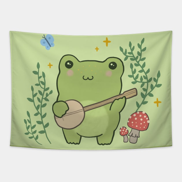 Musical Amphibians: Cute and Funny Kawaii Frog Playing Banjo Guitar Tapestry by Ministry Of Frogs