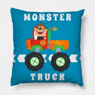 Cartoon vector of monster truck with little animal driver. Pillow