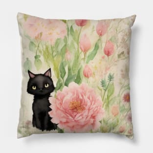 Black Kitty in Flower Garden Soft Pastel Colors Pillow