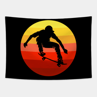 Extreme skateboarder flying in front of retro vintage sunset Tapestry