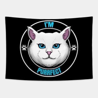 Logo White Cat Saying I'm Purrfect Perfect On Purrsday Tapestry