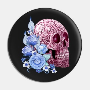 Unique Cool Pink Floral Blue Flowers Skull Pin