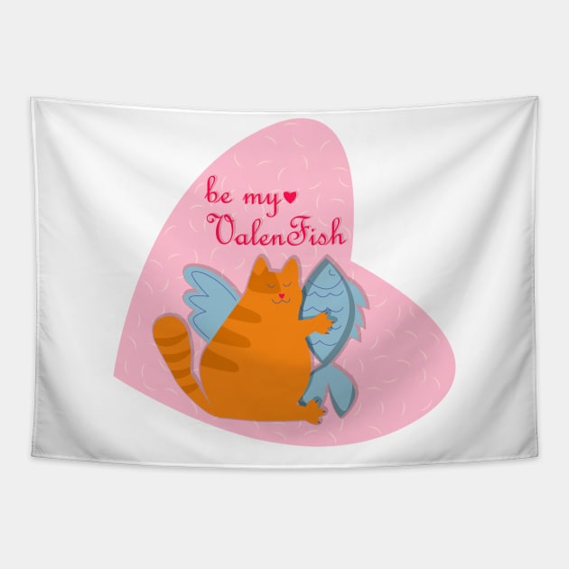 Be my valentine chonk cat holding fish Tapestry by Cute-Design