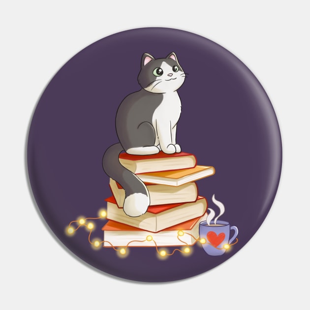 Cat Sitting On Books Pin by Meowrye