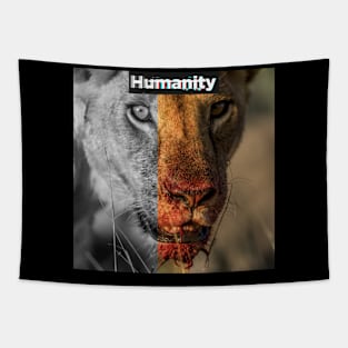 humanity female lion after dinner in serengeti Tapestry