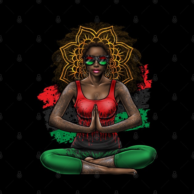 Black Beauty With Afro Love Yoga and Pan African Flag by Winya