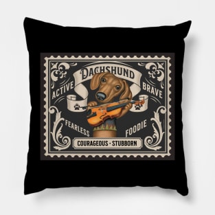 Cute Dachshund playing violin on classic stamp design Pillow