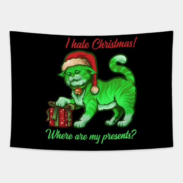 I hate Christmas Funny Poisonous Green Cat Santa Claus Gift Tapestry by peter2art