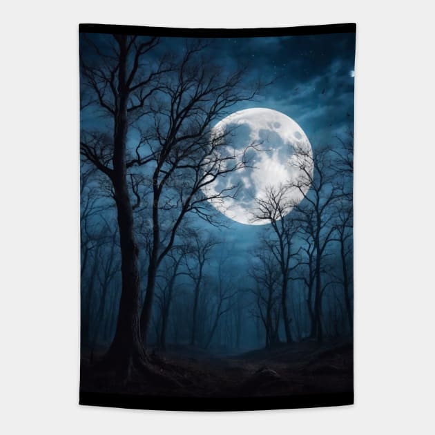 Horor moonlight dark forest woods trees Tapestry by Anik Arts